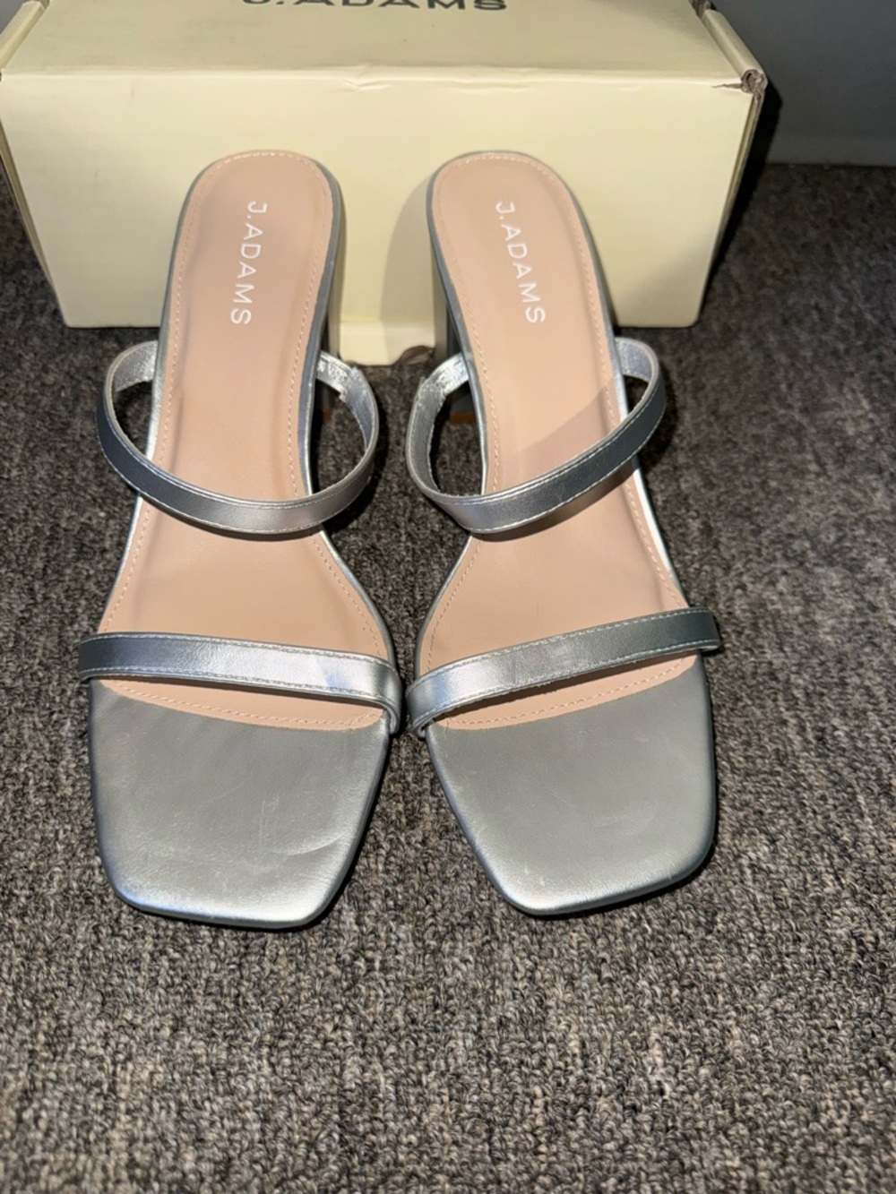 J. Adams Stormi’s Silver Double-Strap Square-Toe Slide Heels